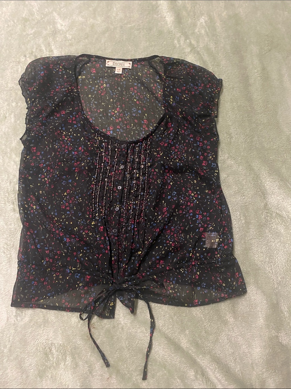 Decree Black Sheer Floral Tie-Front Pintuck Blouse